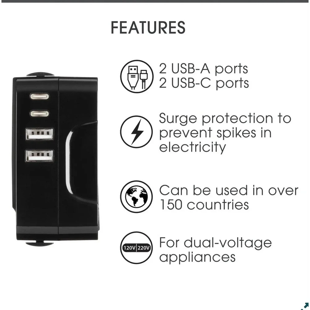 Travel Smart All-in-One Travel Adapter with USB Ports - Black